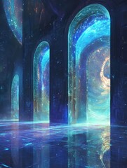 Obraz premium Cosmic Arches: Portals to Distant Galaxies, A Glimpse into the Interdimensional Universe Where Architecture Meets the Infinite Wonders of Space Exploration.