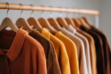 Obraz premium Tops Collection Displayed on Wooden Hangers and Railing, with Gradation from Warm Orange to Beige Tones