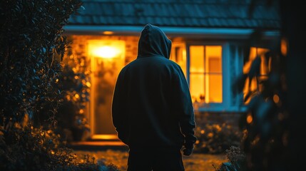 Obraz premium Mysterious figure standing outside a brightly lit house at night in a quiet neighborhood