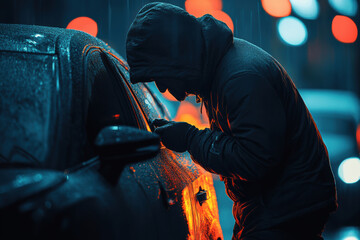 Person stealthily breaking into a car under a rain-soaked urban street illuminated by colorful lights at night