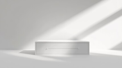 Simple design white drawer unit placed in the center of a high-key white studio backdrop