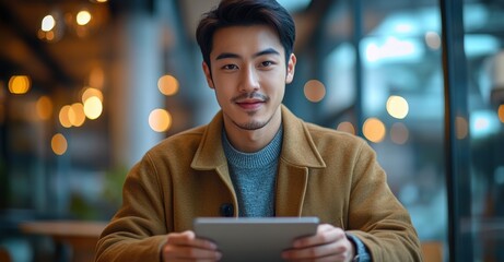 Young man engages with tablet in a cozy urban cafe setting during a rainy afternoon
