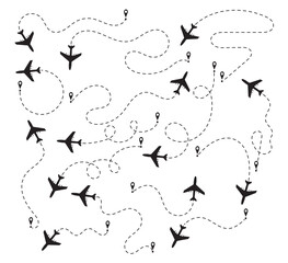 Airplane Flight Path Vector Background – Dotted Travel Route Icons