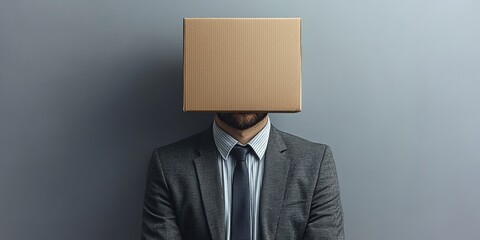 Businessman with a cardboard box for a head sits against a gray wall, showcasing a humorous take on identity in the corporate world and modern society