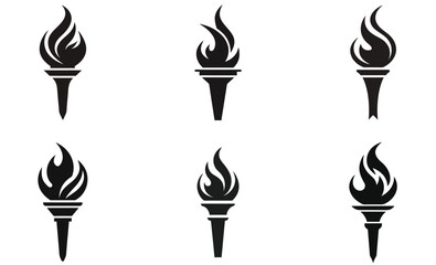 Black Torch Icon Set - Flame Silhouette Symbols for Design and Branding