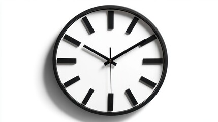 Top-down view of analog wall clock with bold black markings on clean white base