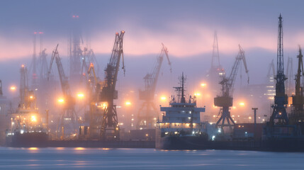 Obraz premium Tankers unloading petroleum in foggy harbor with cranes, murky silhouettes illustrating hidden processes.