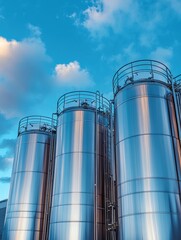 Industrial metal silos against a vibrant blue sky at sunset highlighting the textures and reflections on the surface