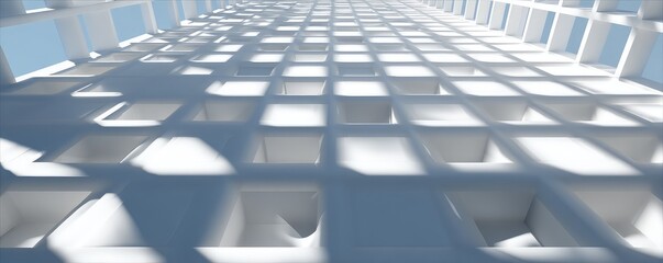 Looking up at a modern building facade with geometric square patterns and dramatic sunlight and shadow.