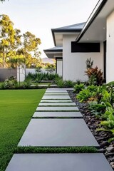 Obraz premium Modern garden pathway lined with stones in a contemporary landscape design surrounded by lush greenery