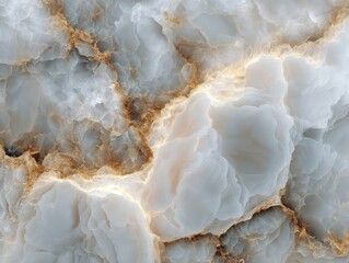 Abstract close-up of marble texture with white, grey, and gold veining, resembling clouds or minerals.