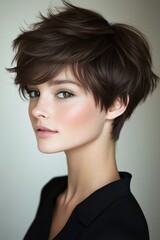 Fototapeta premium Stylish short haircut showcases modern sophistication in a portrait taken indoors with soft lighting