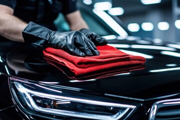 Car detailing process where a person uses a red microfiber cloth to meticulously clean the surface of a black vehicle in a well-lit workshop setting