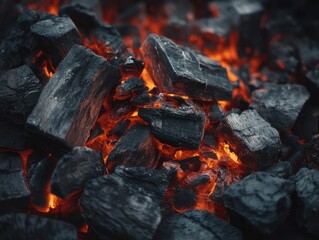 Glowing hot charcoal pieces emit heat and light, creating a vivid and intense fiery scene.