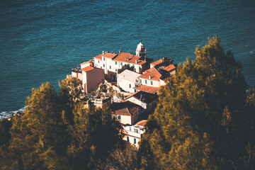 view of the old town of tellaro in liguria, italy, seen from the hills