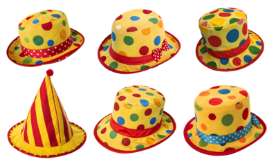 The transparent background shows six yellow hats, including one yellow and red striped cone-shaped party hat. The other hats are yellow with multicolored polka dots and multicolored stripes.