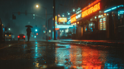 Obraz premium City street at night reflects neon in puddles, creating lonely, damp scene