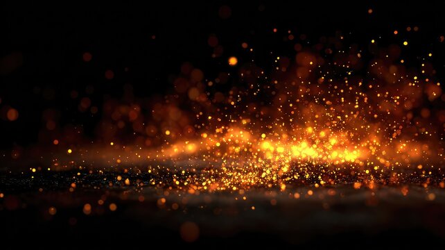 Glowing orange and gold sparks scatter vividly against a dark, blurred background, creating a warm, dynamic visual effect.
