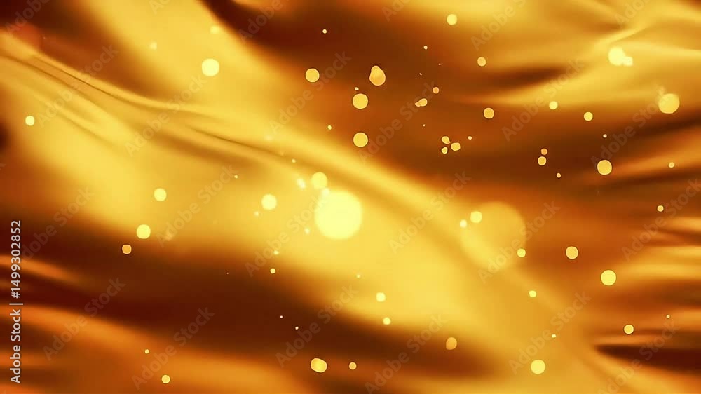 Poster golden abstract: flowing fabric with floating bokeh particles animation