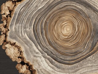 Close-up of tree rings showing annual growth patterns and textured bark on a cross-section of a tree trunk.
