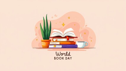 Celebrating world book day with books, coffee, and plant illustration. World book day.