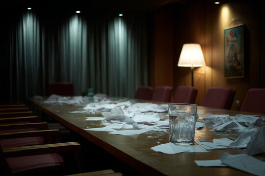 Empty meeting room shows heated debate aftermath room feels tense