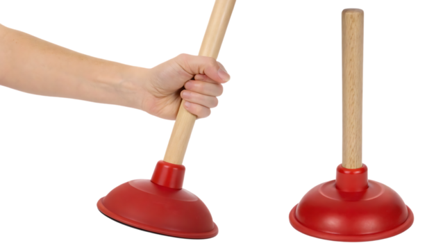 Red rubber plunger with wooden handle for plumbing, hand holding plunger on transparent background - Powered by Adobe