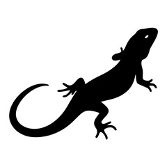 Silhouette of a lizard against white background with a curved tail