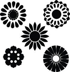 Collection of Five Black and White Flower Silhouettes