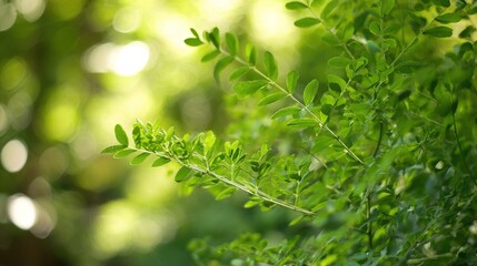 Fototapeta premium Lush green foliage bathed in sunlight, a serene escape into nature's tranquility