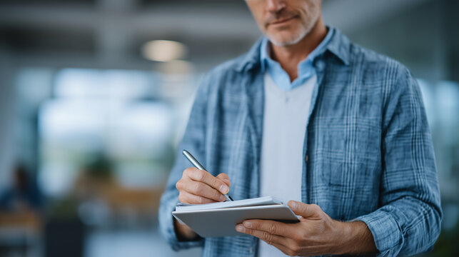 Creative professional draws UX wireframe sketches in notepad next to digital tablet.