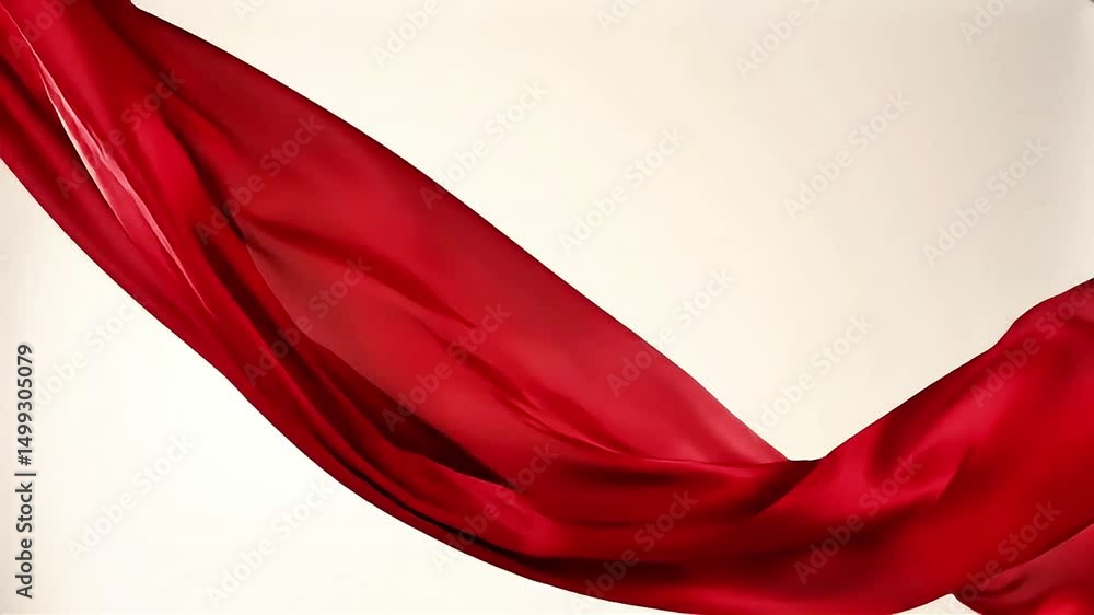Poster flowing crimson fabric: a dynamic display of red silk against a cream backdrop