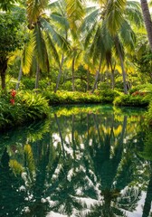 Fototapeta premium Lush Green Tropical Paradise with Palm Trees Reflected in Still Water