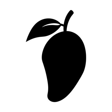 recommend clip art: Black silhouette of a single mango fruit with leaf on white
