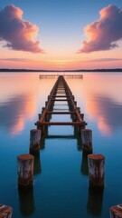 Fototapeta premium A wooden pier extending into a calm lake at sunset