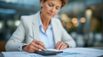 Focused accountant types while calculator, spreadsheets, and tax forms lay open.