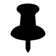 A bold black silhouette of a pushpin against a white background