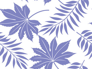 Seamless pattern of violet maple and palm leaves creating a stylish tropical botanical background for nature-inspired design, textile prints, wallpaper, and elegant decorative projects.