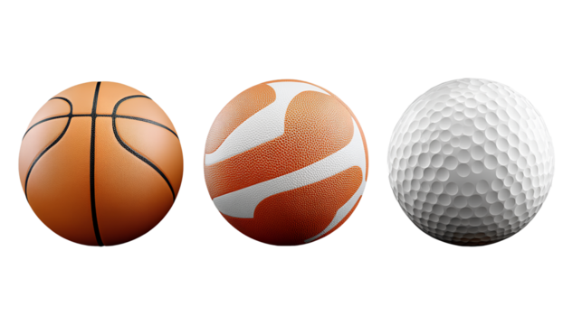 Set of Sports Balls Including Basketball, Volleyball, and Golf Ball – Transparent Background PNG