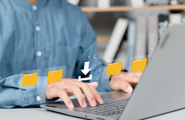 File Download and Data Transfer Concept.businessperson tap download icon on smartphone with folder...