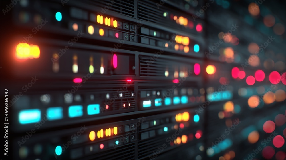 Aufkleber server room data center filled with electronic hardware. lights blink on the units in various colors