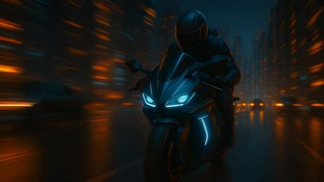 A high tech biker riding down a futuristic cityscape