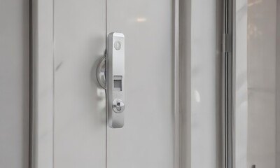 Naklejka premium Sleek minimalist lobby door, chrome service bell , contemporary, metal