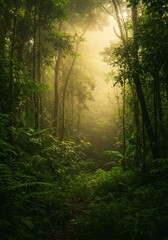 Obraz premium Sunlit Path Through Lush Tropical Forest