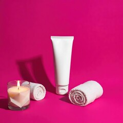 Pink Serenity Cosmetic Tube, Towel, and Candle with High Contrast Spa Lighting