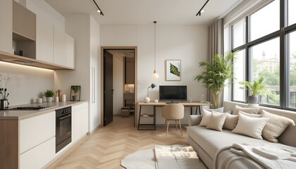 Fototapeta premium This tiny apartment has a 20m² studio, a kitchen, a bedroom, a living room, a dining room, a home office, a huge side window with low lighting, classic décor, a soft, minimalist look, and a few pots w