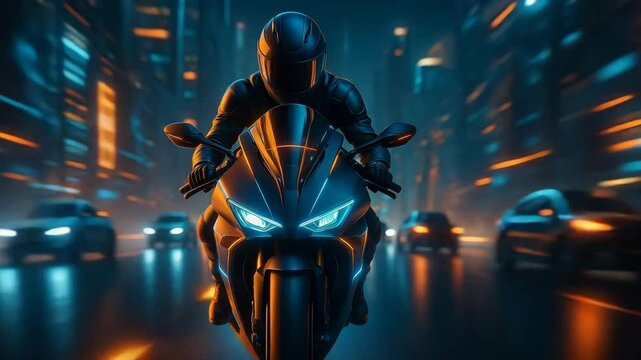 A high tech biker riding down a futuristic cityscape