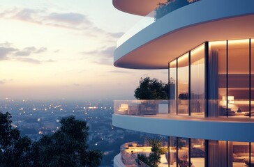 Sleek tower apartment with balconies, early morning city