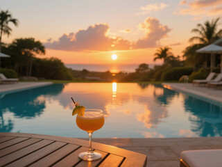 cocktail on the table near swimming pool and sunset cloud
