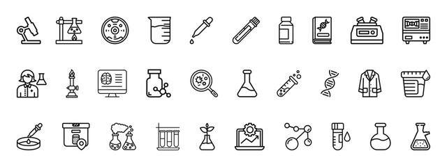 Laboratory related outline icon set. Lab, flask, microscope, syringe, pipette, molecule, sample, test tube, biology and more. Icons for scientific testing, research, websites and health app.